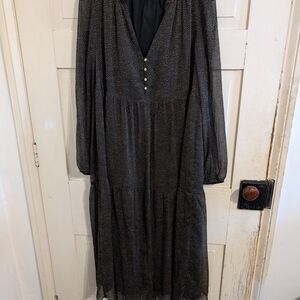 LOFT Black Printed Maxi Dress with Button Front